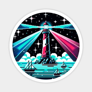 Neon Lighthouse Harbor Night Art Magnet